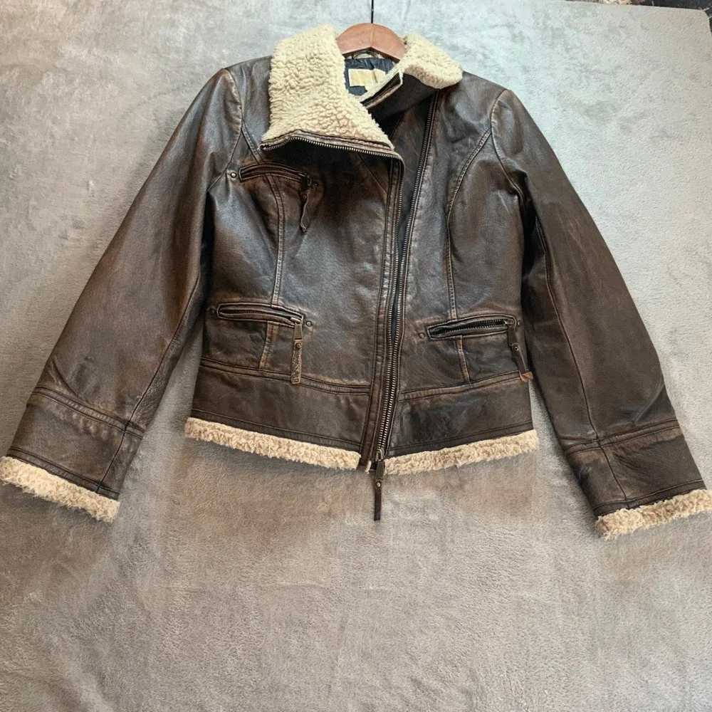 Michael Kors Womens Brown Leather Faux Fur Shearling Moto Aviator Jacket Large